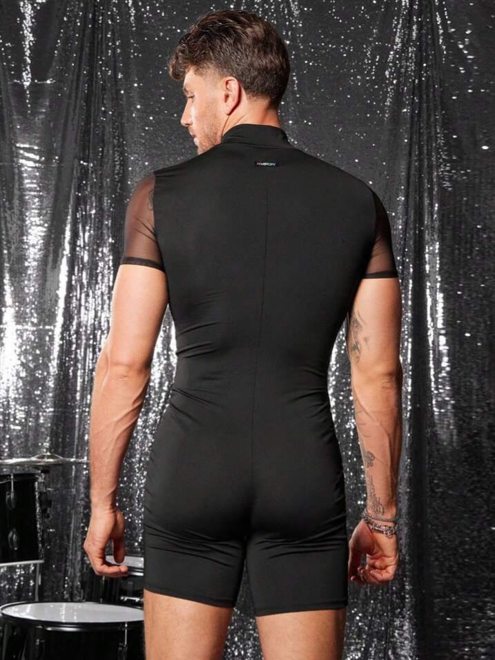 Uptown Funky Men's Solid Color Zipper Collar Contrast Mesh Short Sleeve Romper